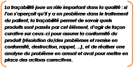 Parenthèses: La traçabilité joue un rôle important dans la qualité : si l'on s'aperçoit qu’il y a un problème dans le traitement du patient, la traçabilité permet de savoir quels produits sont passés par cet élément, d'agir de façon curative sur ceux-ci pour assurer la conformité du produit (résolution du/des problèmes et remise en conformité, destruction, rappel, ...), et de réaliser une analyse du problème en amont et aval pour mettre en place des actions correctives.    